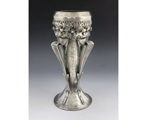 Oliver Baker for Liberty and Co., a large Tudric Arts and Crafts pewter twin handled vase, model 0786, footed conical form, p