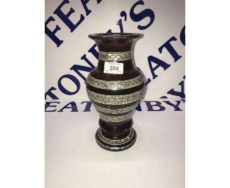 TURNED WOOD VASE WITH APPLIED MOTHER OF PEARL BANDING