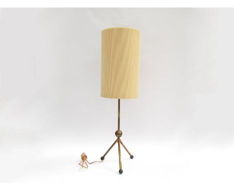 A 1950's brass table lamp base, metal rod and ball on tripod base, black wooden ball feet. Possibly Italian. Corrugated cylin
