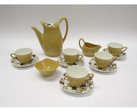 Midwinter 1960's Homespun pattern coffee set designed by Jessie Tait. Comprises coffee pot, sugar bowl, cream jug, five cups 