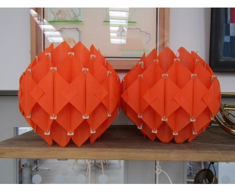 A pair of 1970's orange plastic woven design lamp shades, one shade a/f