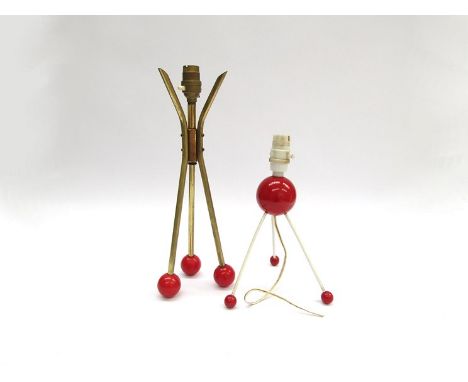 Two 1950's "Sputnik" style lamp bases or metal legs with red ball feet 