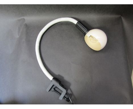 A Valenti Luce desk lamp with flexi arm and clamp base, white globe shade