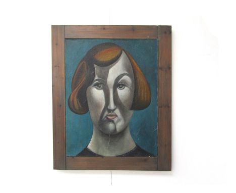 TOM WARD (XX) A framed oil on canvas stylised portrait of a woman, written verso 'Tom Ward' "Hardy", 81cm x 64cm   