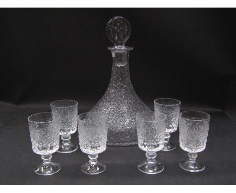 A Whitefriars snowflake decanter together with six small similar pedestal glasses 
