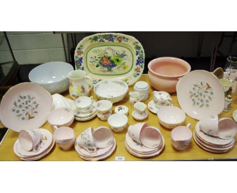 A Tuscan Blue Star part tea service comprising teacups, saucers, side plates, milk and sugar; a Mason's Strathmore meat plate