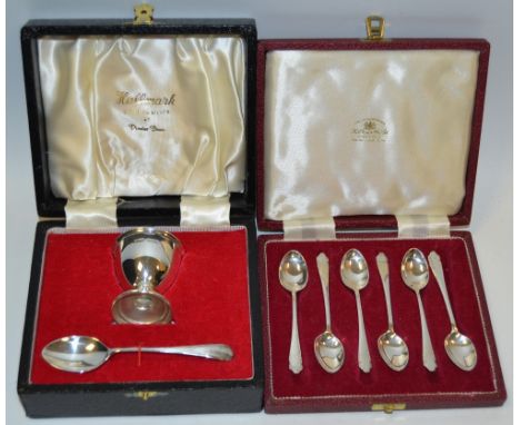 A Cased Silver Breakfast set, by Pinder Bros of Sheffield, comprising egg cup and spoon, a cased set of six silver teaspoons,