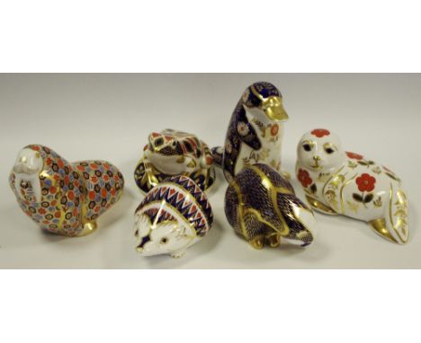 Royal Crown Derby Paperweights - hedgehog, seal, badger, imari frog, duckbill platypus, first quality, (6). 