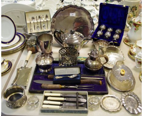 Silver &amp; Silverplate - a pair of silver rimmed salt cellars;a late 19th century teapot, horn handle inscribed DHH; shaped