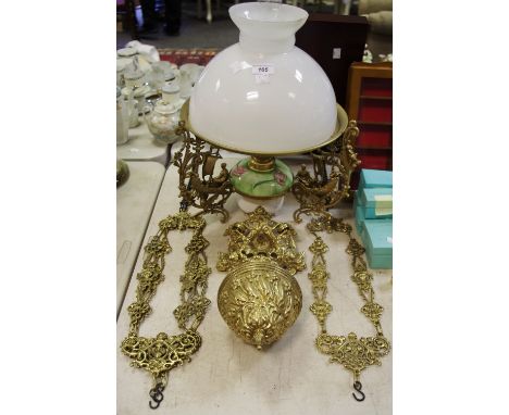 A Brass Ceiling oil lamp, the arms cast as a damsel in a sail boat. 