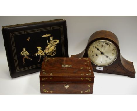 A Japanese Lacquer Bone inlaid postcard album, with cards c1920 -35, a 19th century rosewood mother of pearl inlaid workbox, 
