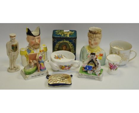 A Present From Castleton, lady's purse; an unusual crestedware soldier ' Hathersage Ancient ' ''Are we downhearted? NO'' Thor