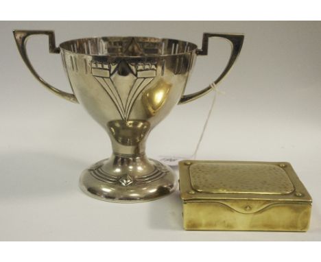 A WMF two-handled pedestal cup, c.1910; a Secessionist planished brass stamp box, marked Geschutzt, c.1905 (2)