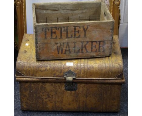A Tin Trunk, along with a wooden crate marked 'Tetley Walker'