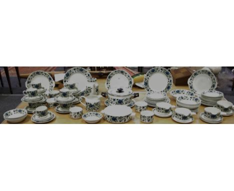 Midwinter Spanish Garden pattern tea and dinner ware including tureen; soup bowls; dinner plates; dessert plates; teapot; tea