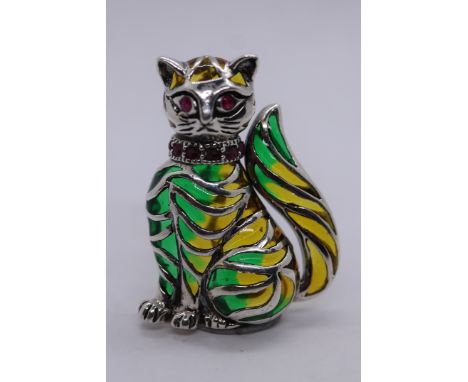 Silver enamel ruby eyed cat brooch 