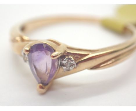 10K pear cut amethyst and diamond ring size M 1.5g