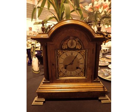 Antique chiming German bracket clock with gilt decorated face single brain movement and walnut case  CONDITION REPORT: Clock 