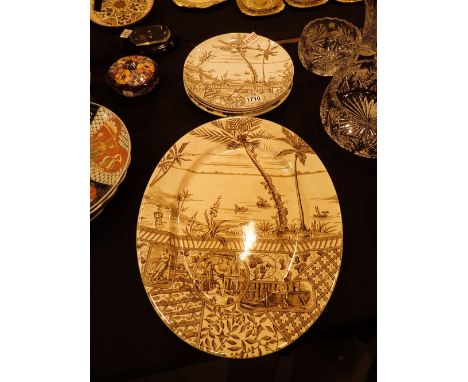 Large meat platter and three dinner plates in the Robinson Crusoe pattern stamped Late Myers