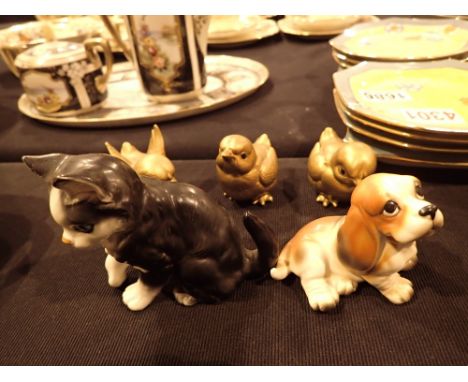 Three Noritake gilded chicks a cat and a dog CONDITION REPORT: All pieces appear in good condition with no apparent damage, c