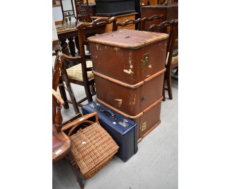 A vintage travel case, suitcase, picnic style hamper and two spong style mincers