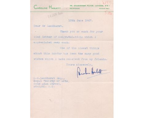 Dame Caroline Harriet Haslett, DBE, JP typed signed letter to Royal Society of arts. English electrical engineer, electricity