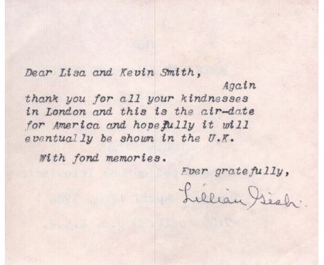 Lillian Gish hand signed 4x4 letter by the legendary Hollywood actress. Lillian Diana Gish (October 14, 1893 - February 27, 1