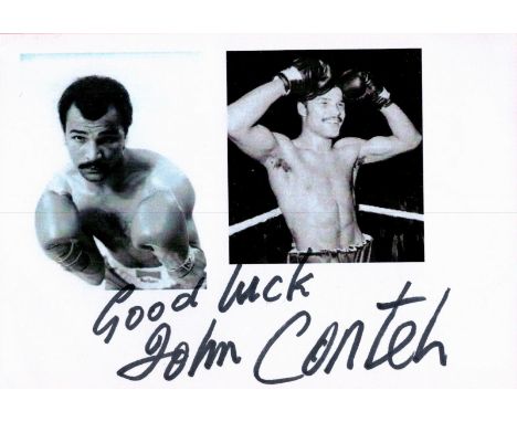 John Conteh signed 5x4 black and white photo card. John Anthony Conteh, MBE (born 27 May 1951) is a British former profession