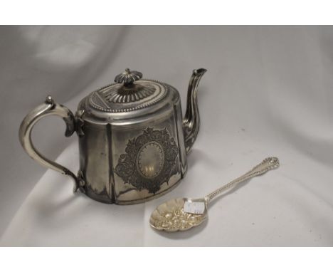 A silver plated tea pot having decorative finial and a tablespoon having embossed fruit pattern.