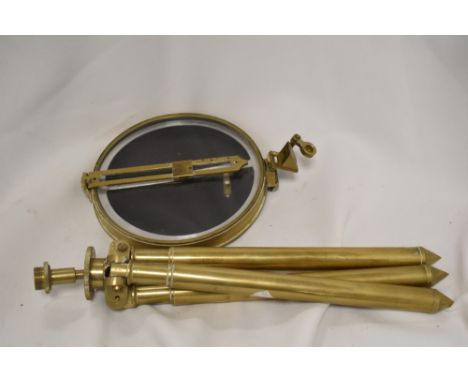 An interesting brass cased prismatic compass with brass tripod (AF) unmarked