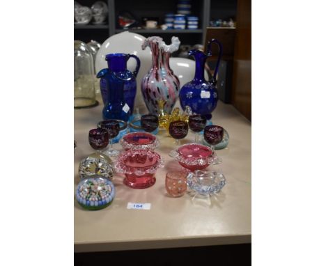 A mixed lot of vintage and antique glassware, including amethyst coloured glasses with etched detailing, enamelled pinch pot,