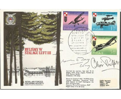 Stalag Luft III 1973 cover signed by great escapers Harry Wings Day and Oliver Philpot MC. Flown and carried by RAF. Three WW