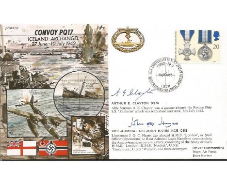 Arthur E. Clayton, Vice Admiral Sir John Hayes signed 50th ann WW2 cover JS50/42/8 Convoy PQ17 Iceland-Archangel
