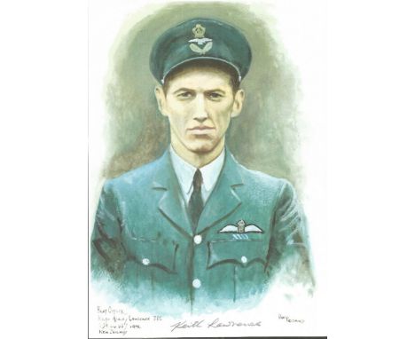 P/O Keith Ashley Lawrence WW2 RAF Battle of Britain Pilot signed colour print 12 x 8 inch signed in Pencil. Image of him in u