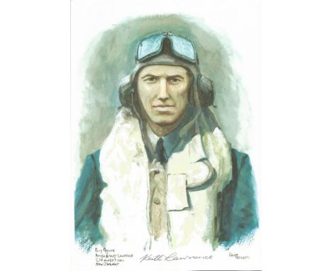 P/O Keith Ashley Lawrence WW2 RAF Battle of Britain Pilot signed colour print 12 x 8 inch signed in Pencil. Image of him in f