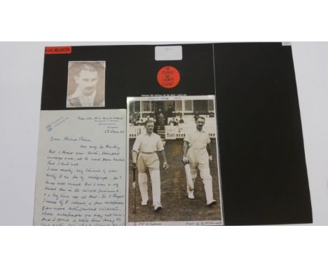 CRICKET, signed hand-written letter by Col. WAC Wilkinson, 28th Jun 1953, with original press photo of him going out to bat f