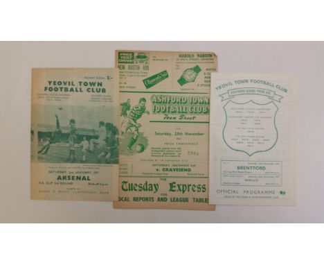 FOOTBALL, programmes for league v non-league, mainly 1960s, inc. Ashford Town v QPR 1961, Yeovil v Brentford 1972 &amp; Arsen