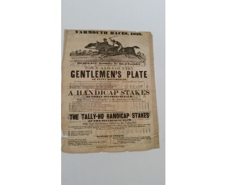 HORSE RACING, illustrated poster for Yarmouth Races 1938, double-sided for 1st &amp; 2nd September meeting, each side illustr