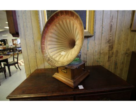 Vintage oak gramophone with horn, spare needles and some vinyl records