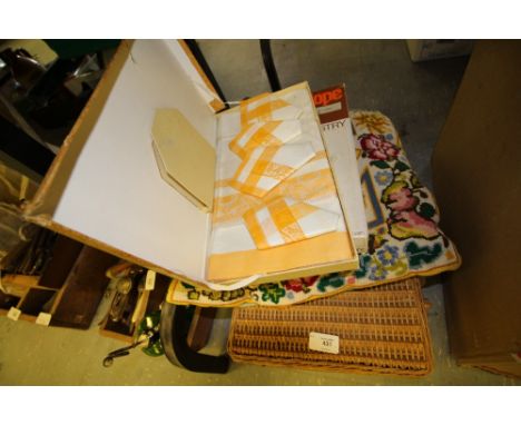 Cane case and contents: embroidery silks, large quantity of buttons, Irish linen, tapestry cushions etc