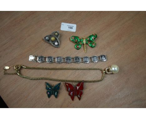 Quantity of jewellery inc Jaeger necklace, dragonfly brooch, white metal bracelet, 2 silver enamel butterfly brooches and Cel
