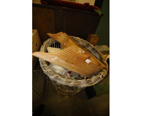 Log basket, Lloyd Loom box etc together with 2 boxes of light fittings and figure of a boy holding up cherry, circa 1930's (f