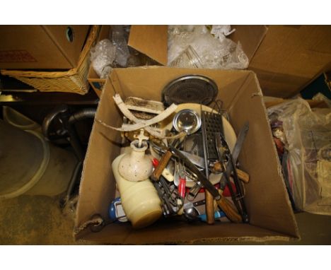 Box of kitchenalia inc scales and cutlery
