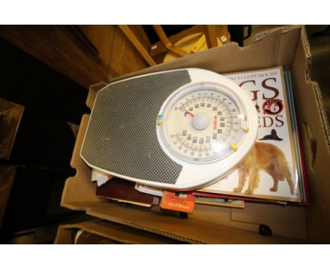 Box of books and vintage scales