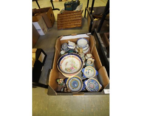 Box of pottery inc Henriot, Quimper, Chinese cloisonné enamel, Wedgwood and Coalport