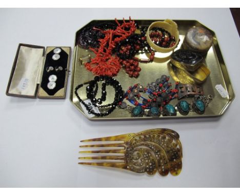 Gent's Cufflinks and Dress Studs, twig coral necklace, beads, hair comb, trinket pots etc. 