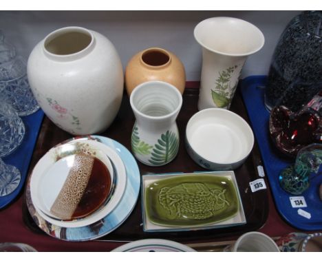 A Poole Pottery Owl Dish in Box, pictorial plates, stylised floral dish and four vases:- One Tray 