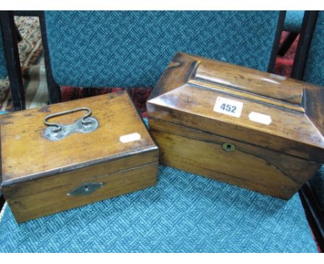 XIX Century Rosewood Sarcophagus Shaped Tea Caddy, together with an early XX Century box. (2)