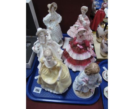 Six Porcelain Royal Worcester and Coalport Figures, including 'Daphne', '1855-The Crinoline', 'Lullaby', 'Phillipa', 'Emily' 