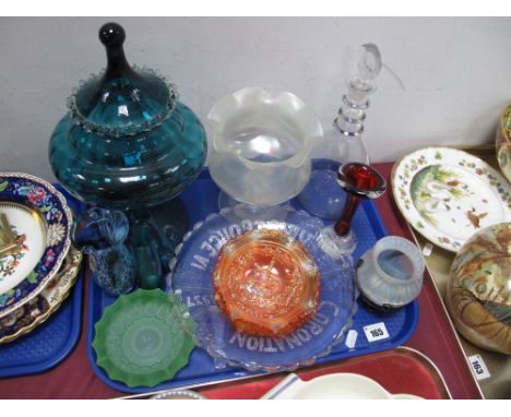 An Opaline Bowled Large Posy Goblet, XIX Century decanter, carnival dishes, George VI Coronation plate, other glassware:- One